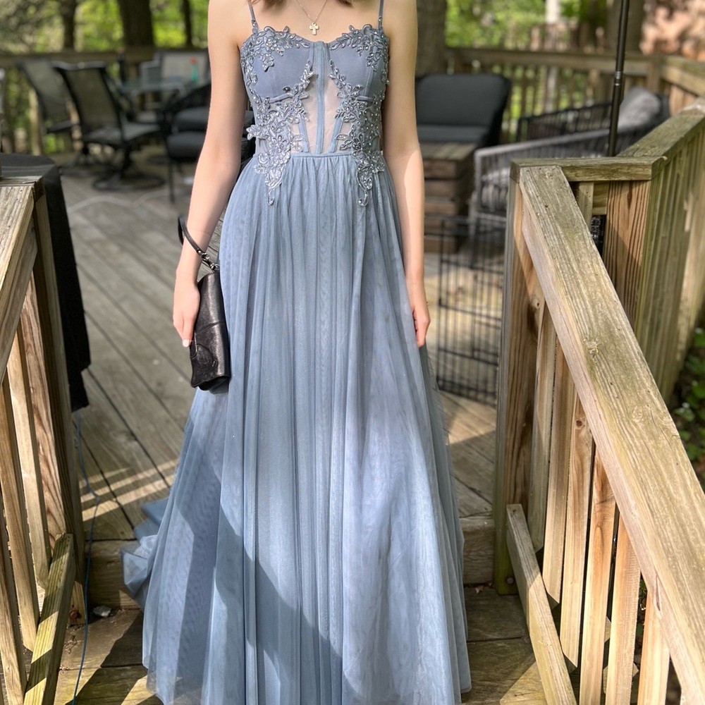 Beautiful blue prom dress! Worn one time. Excellent condition. Bought @ Windsor!